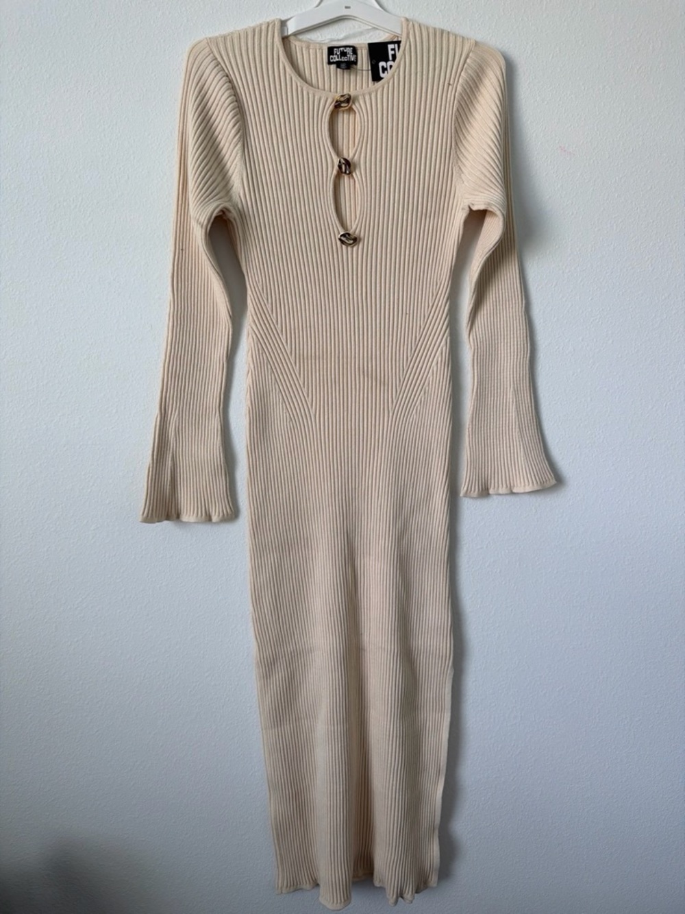 Future  ollective Cream Ribbed Long Sleeve maxi sweater Dress